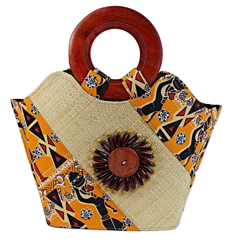 Masika Hand Woven Raffia Fibers Basket African Bag with wood handle - Orange - Afrilege