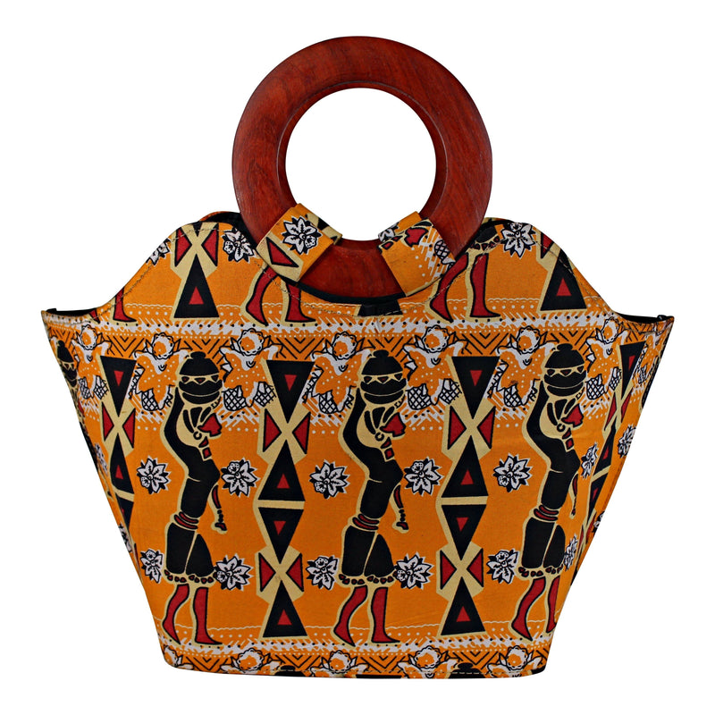 Masika Hand Woven Raffia Fibers Basket African Bag with wood handle - Orange - Afrilege