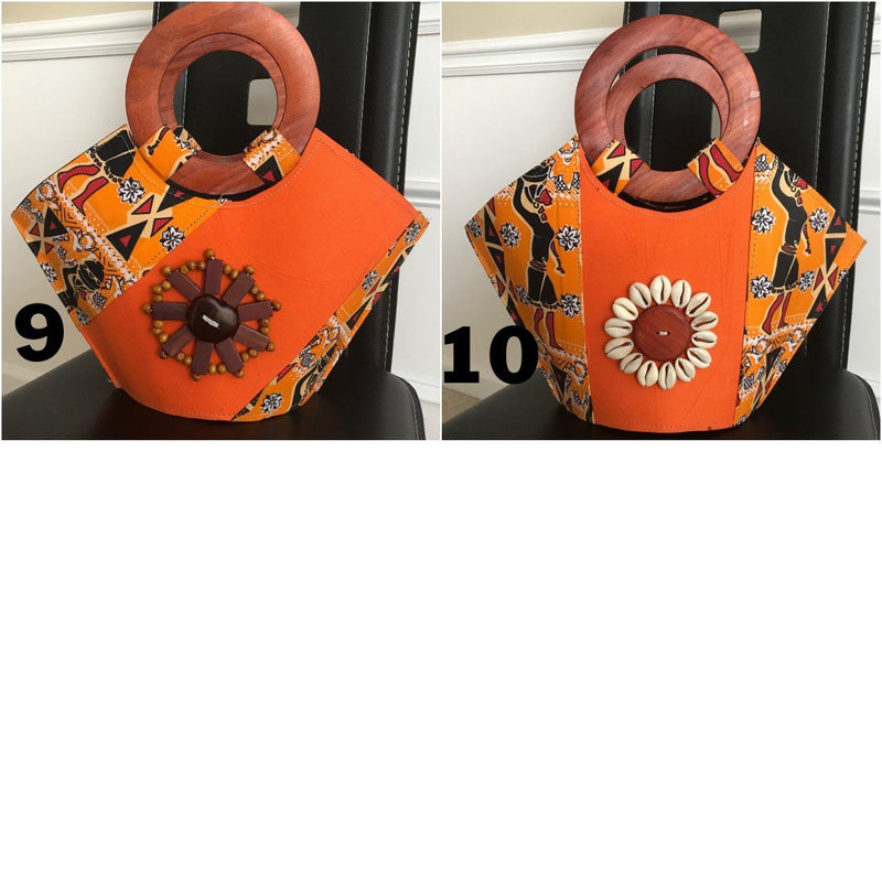 Masika Hand Woven Raffia Fibers Basket African Bag with wood handle - Orange - Afrilege