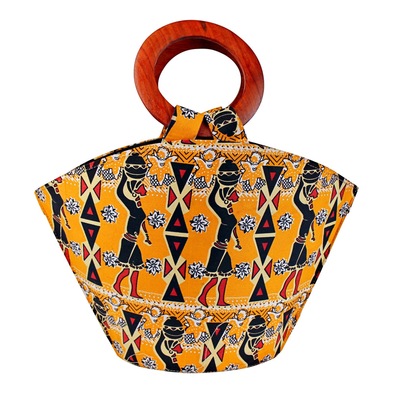 Masika Hand Woven Raffia Fibers Basket African Bag with wood handle - Orange - Afrilege