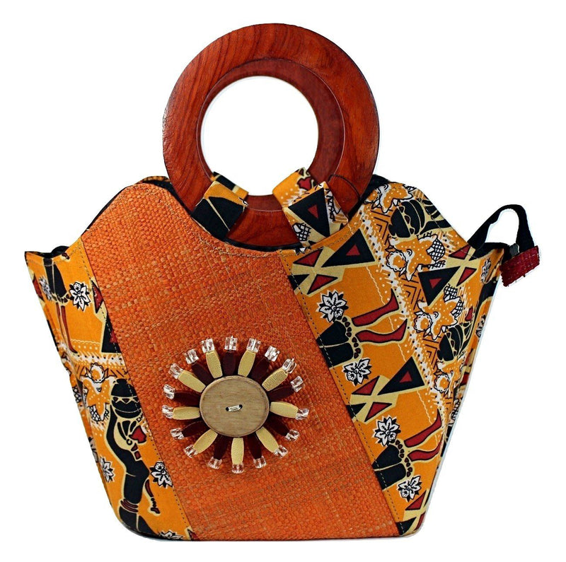 Masika Hand Woven Raffia Fibers Basket African Bag with wood handle - Orange - Afrilege