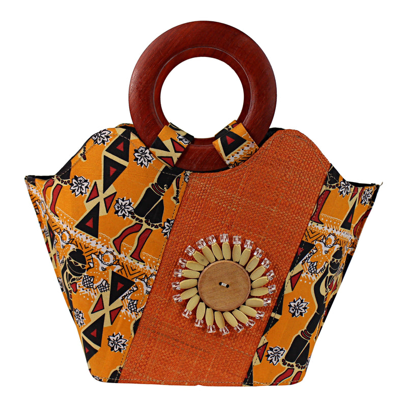 Masika Hand Woven Raffia Fibers Basket African Bag with wood handle - Orange - Afrilege