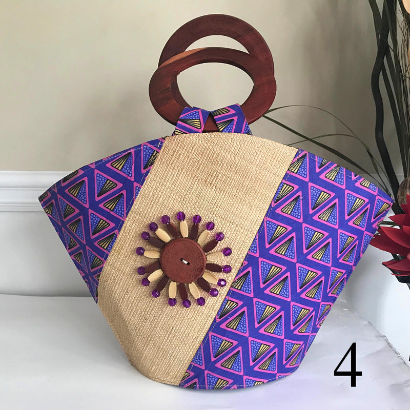 Nina Hand Woven Raffia Fibers African Basket bag with wood handle - Big - Afrilege