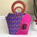 Nina Hand Woven Raffia Fibers African Print Basket Bag with wood handle - purple / Pink - Afrilege