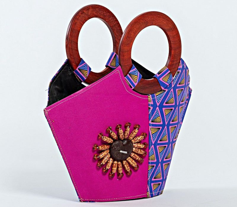 Nina Hand Woven Raffia Fibers African Print Basket Bag with wood handle - purple / Pink - Afrilege