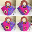 Nina Hand Woven Raffia Fibers African Print Basket Bag with wood handle - purple / Pink - Afrilege