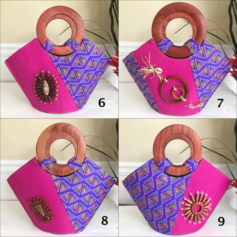 Nina Hand Woven Raffia Fibers African Print Basket Bag with wood handle - purple / Pink - Afrilege