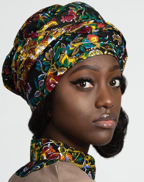 Fabia African Print Headwrap (Black / Floral) - Afrilege