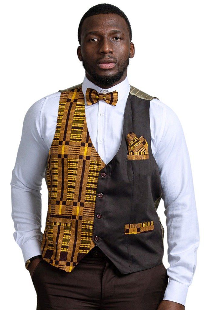 Kadir African Print Kente Men's Fit Suit Vest ( Brown & Gold) - Afrilege