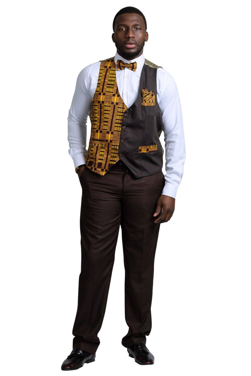 Kadir African Print Kente Men's Fit Suit Vest ( Brown & Gold) - Afrilege