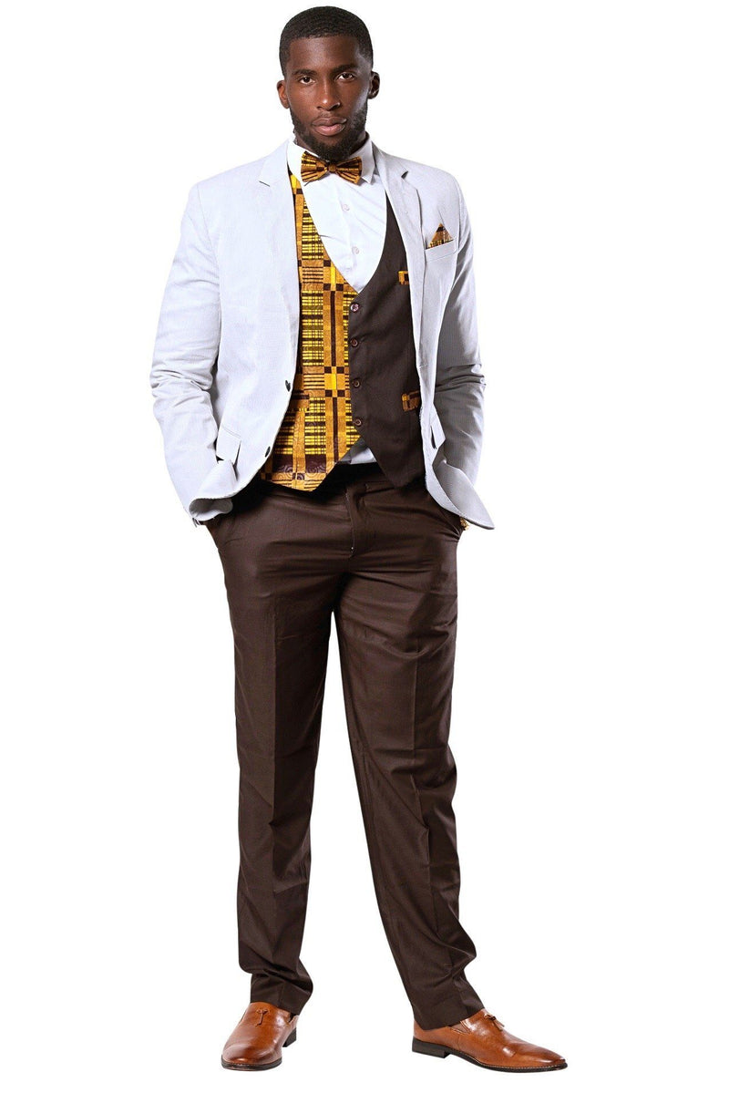 Kadir African Print Kente Men's Fit Suit Vest (Brown & Gold), M | Afrilege Kadir African Print Kente Men's Fit Suit Vest (Brown & Gold), M | Afrilege