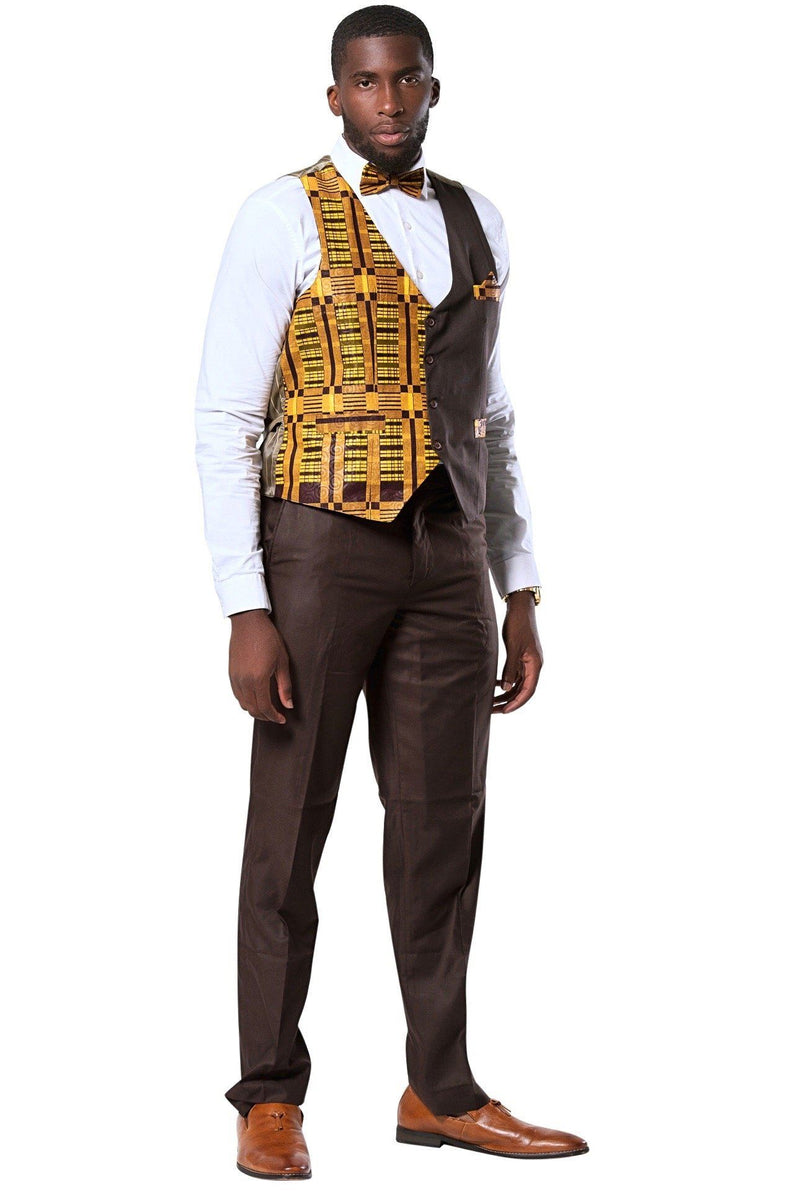 Kadir African Print Kente Men's Fit Suit Vest (Brown & Gold), M Kadir African Print Kente Men's Fit Suit Vest (Brown & Gold), M