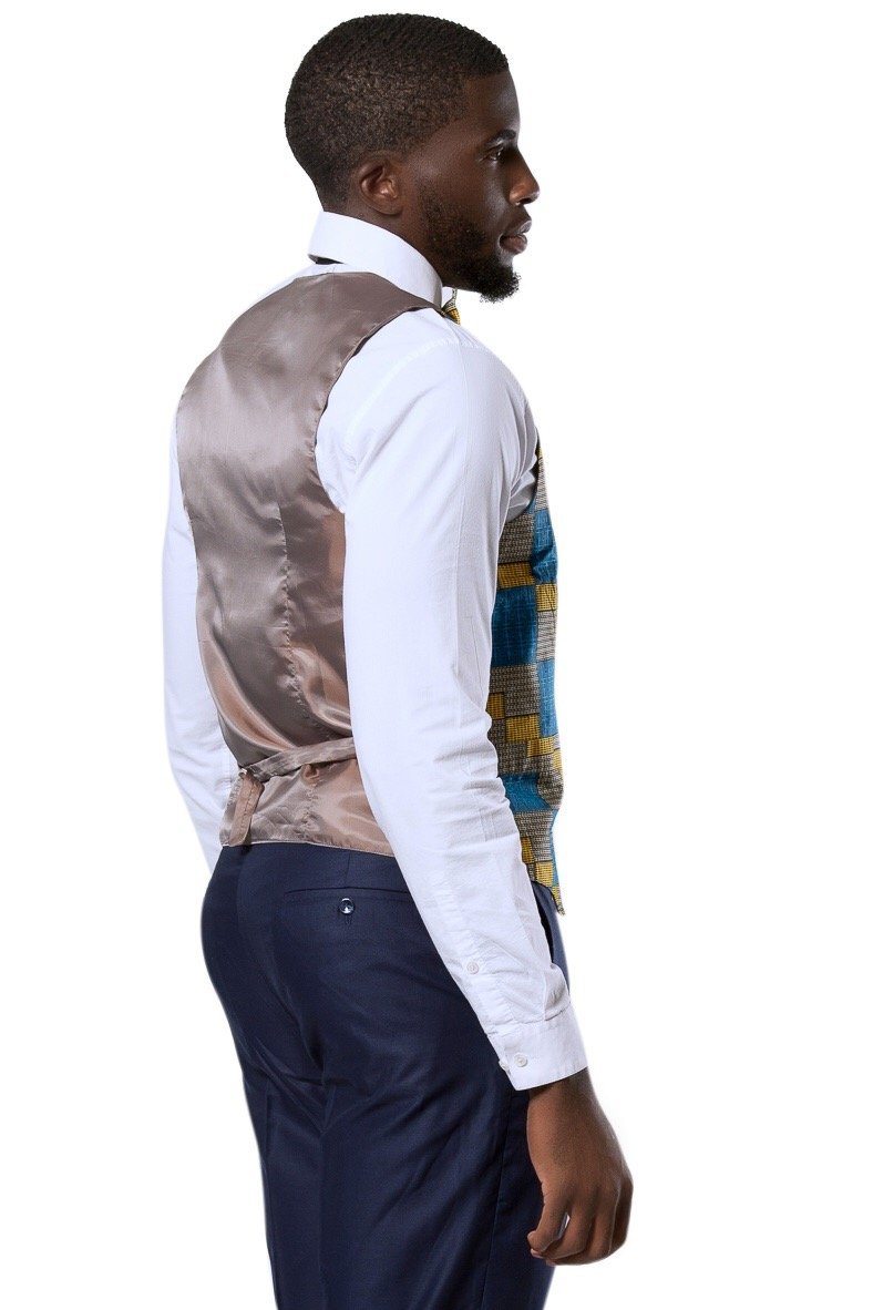 Kael African Print Kente Men's Fit Suit Vest ( Blue & Gold) - Afrilege