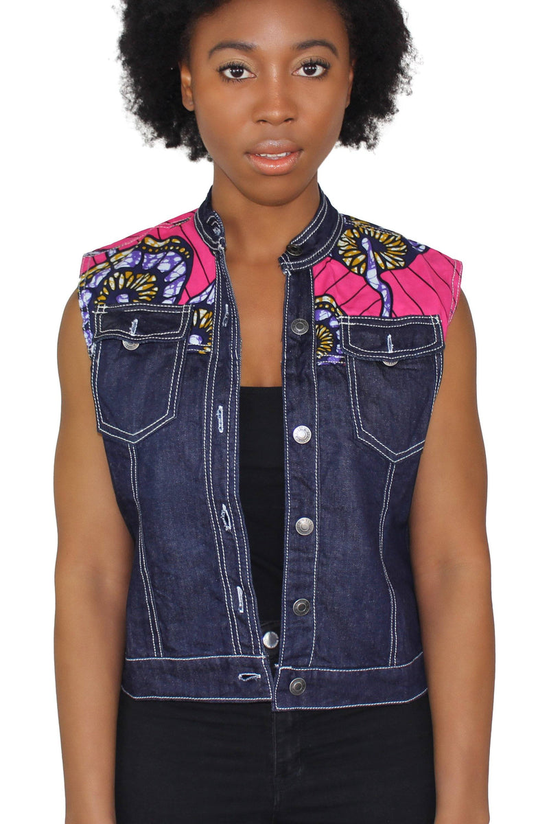 Nala Women's African Print Sleeveless Denim Jacket - Afrilege