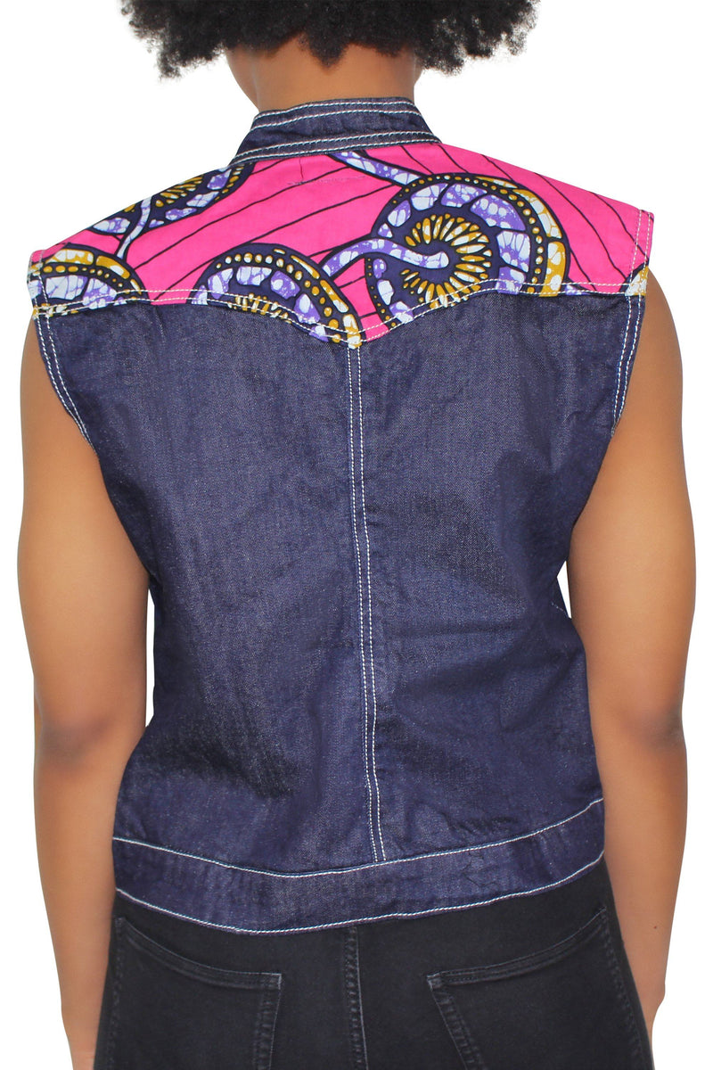 Nala Women's African Print Sleeveless Denim Jacket - Afrilege