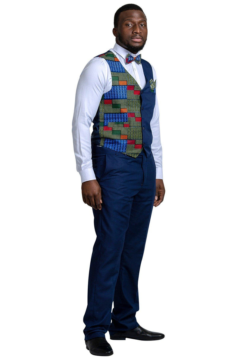 Vadik African Print Kente Men's Fit Suit Vest ( Navy Blue & Dark green) - Afrilege
