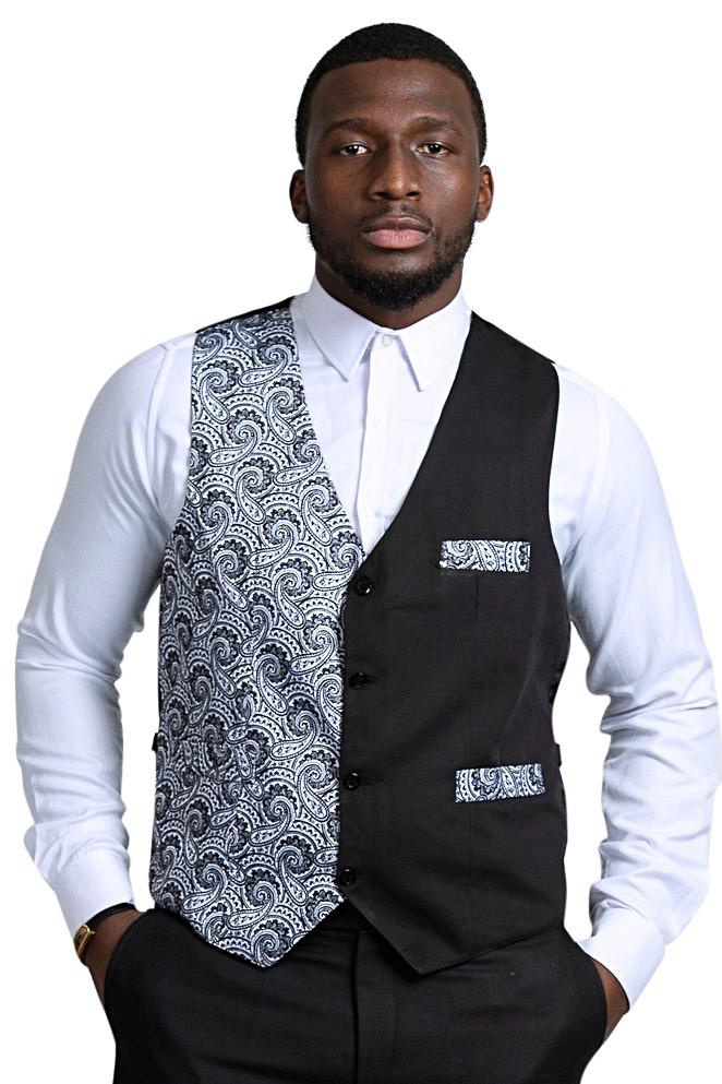 Val African Print Kente Men's Fit Suit Vest (Black & White) - Afrilege