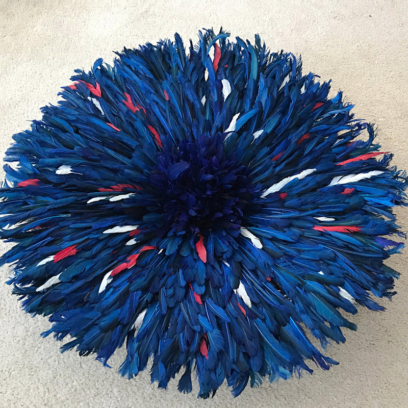 28" Deep Blue trimmed with red and white Authentic Bamileke Juju Hat from Cameroon - Afrilege