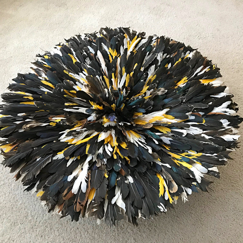 31" Dark natural feathers with Yellow Trims  Bamileke Juju Hat from Cameroon - Afrilege