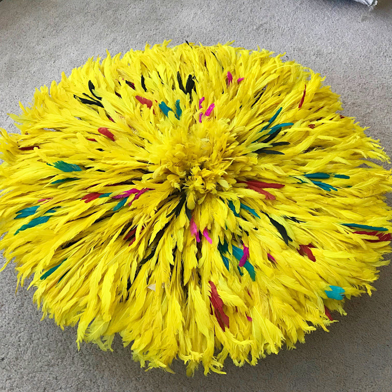 31" Yellow Authentic Bamileke Juju Hat from Cameroon - Afrilege