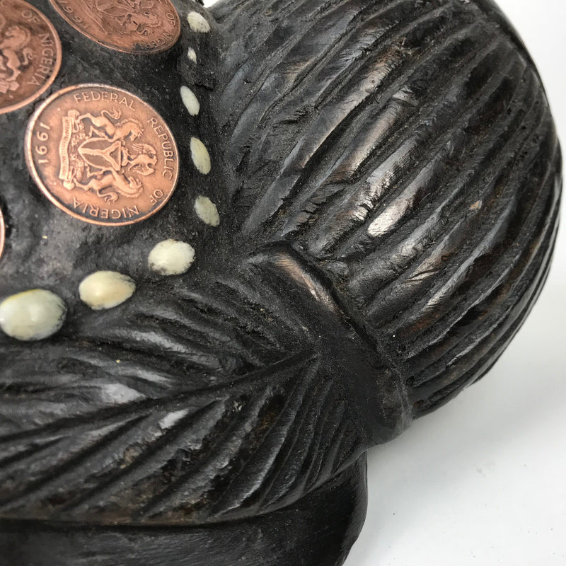 African Wooden Mask With Kobo Coins, Bronze And Cowrie Shells - Afrilege
