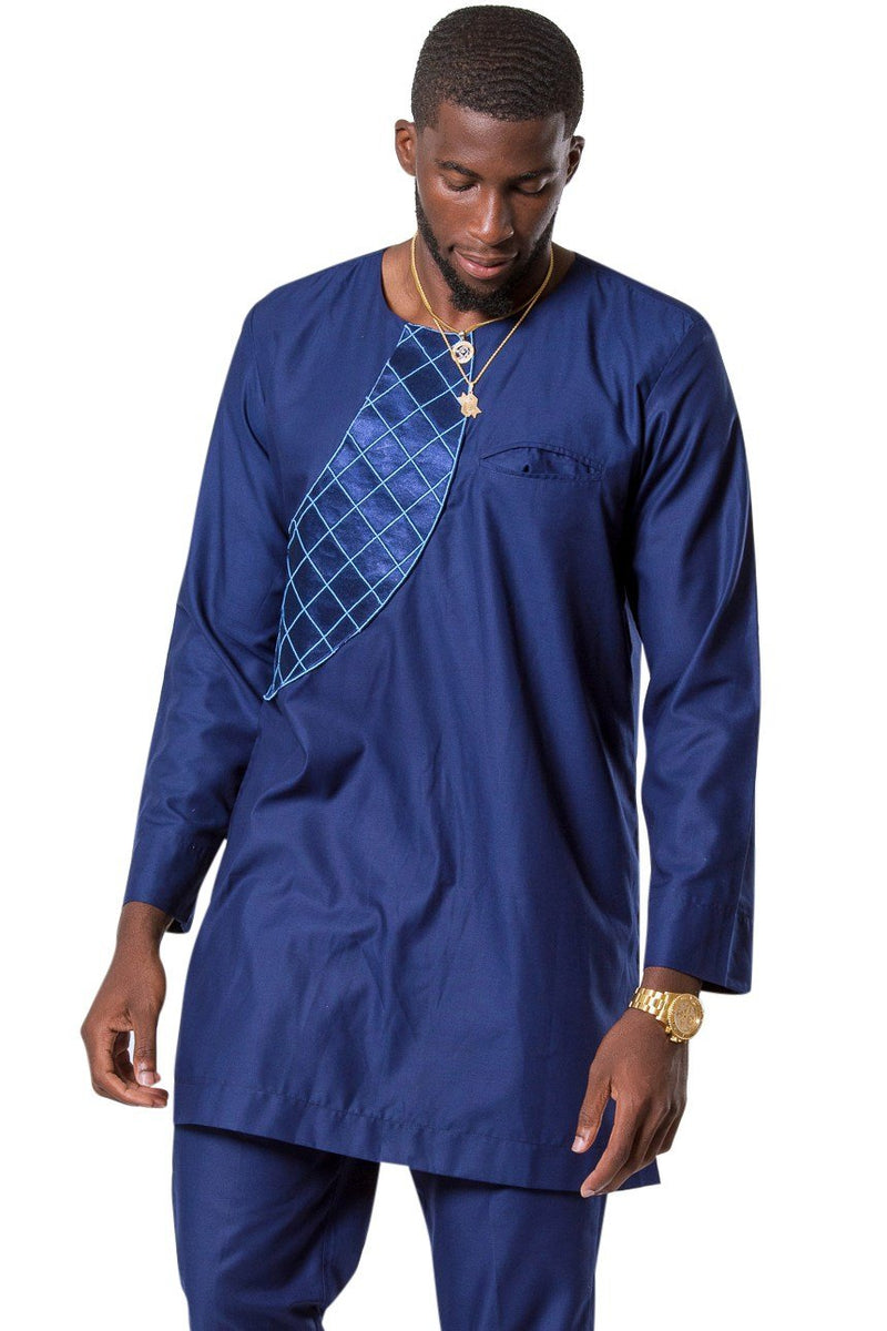Baba Embroidered 2-pieces African Men's Wear ( Shirt + Pant) - Navy Blue - Afrilege