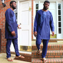 Baba Embroidered 2-pieces African Men's Wear ( Shirt + Pant) - Navy Blue - Afrilege