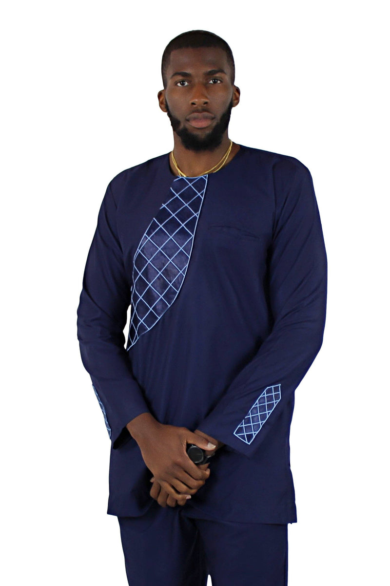 Baba Embroidered 2-pieces African Men's Wear ( Shirt + Pant) - Navy Blue - Afrilege
