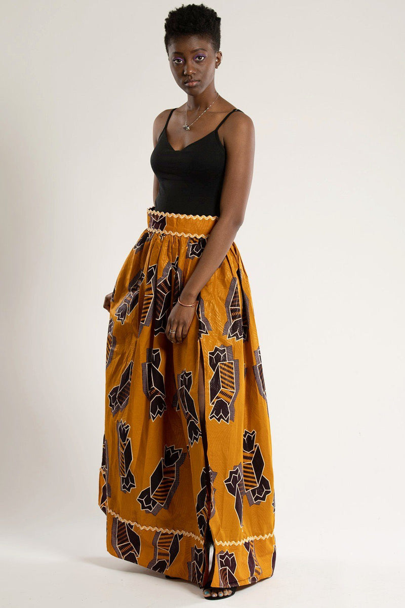 Ayomide African Print Maxi Skirt ( Brown - Gold) - Afrilege