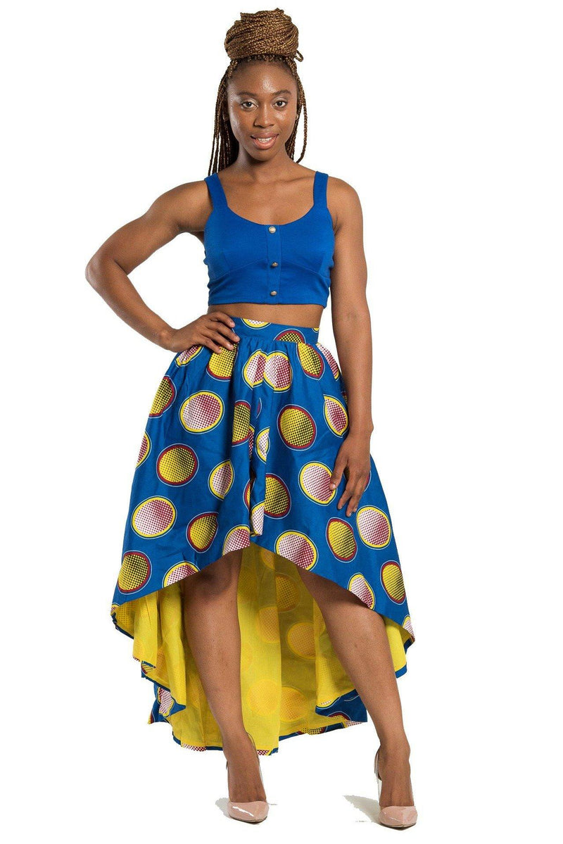 Kali African Print Hi Lo Skirt (Blue/ Yellow) - Afrilege