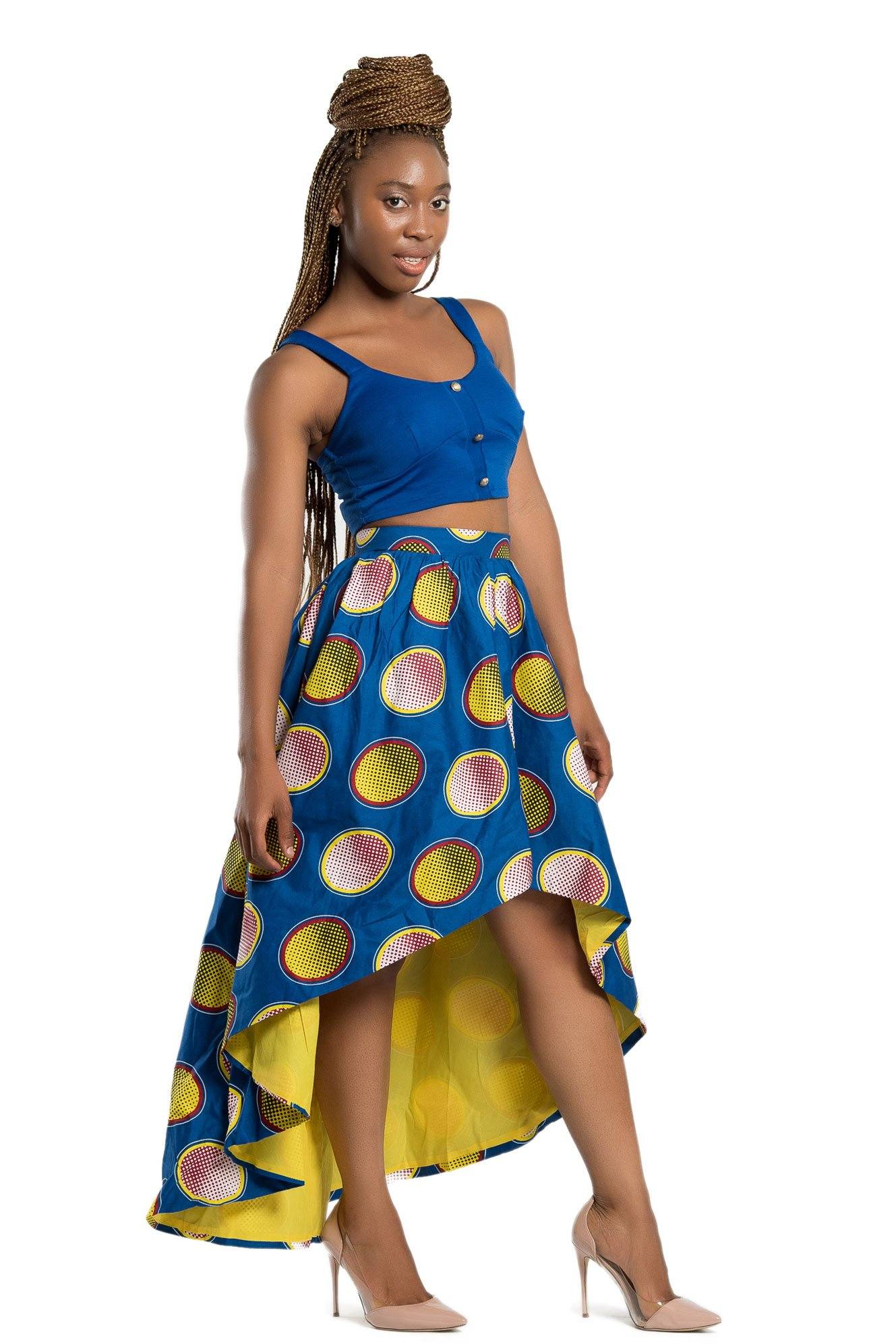 Kali African Print Hi Lo Skirt (Blue/ Yellow) | Afrilege