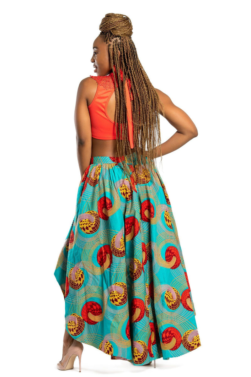 Ode African Print Hi Lo Skirt (Green/ Red) - Afrilege