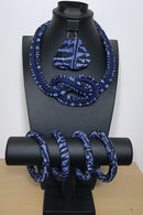 Ndop Navy Bamileke African Print Fabric Ankara Knot Jewelry Set ( Necklace - Bracelets - earrings) - Afrilege