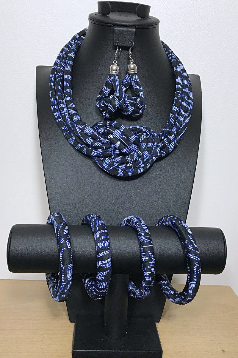Ndop Navy Bamileke African Print Fabric Ankara Knot Jewelry Set ( Necklace - Bracelets - earrings) - Afrilege