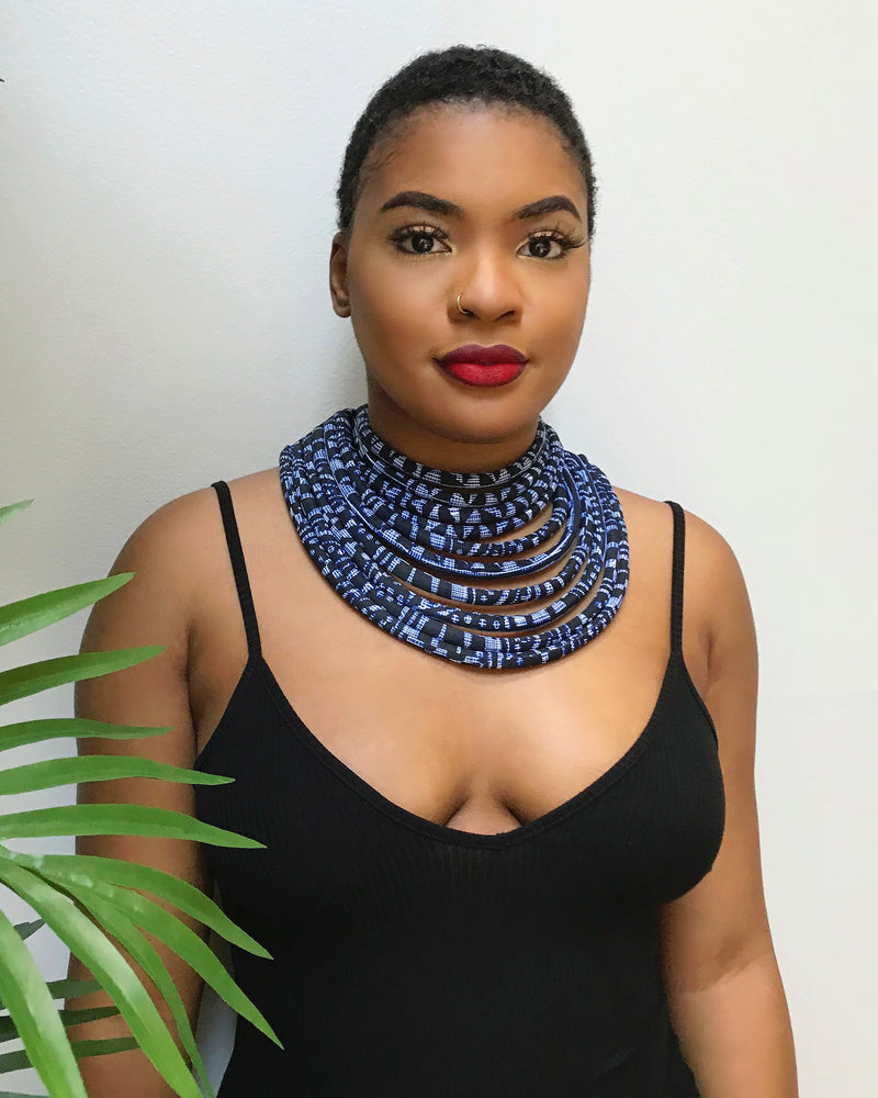 Navy Ndop Africa Print Choker necklace - Afrilege