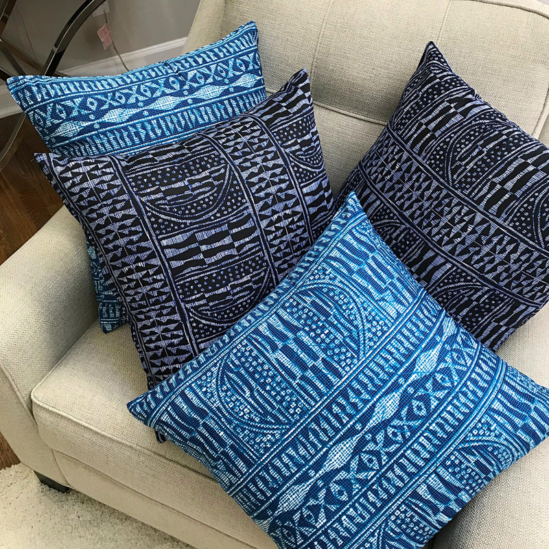 Ndop Navy Satin African Print Decorative Pillow Covers - Afrilege