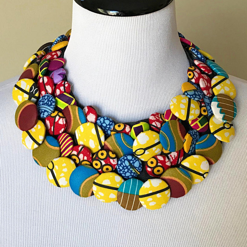 African Print Colorful Buttons Bib Necklaces - Afrilege