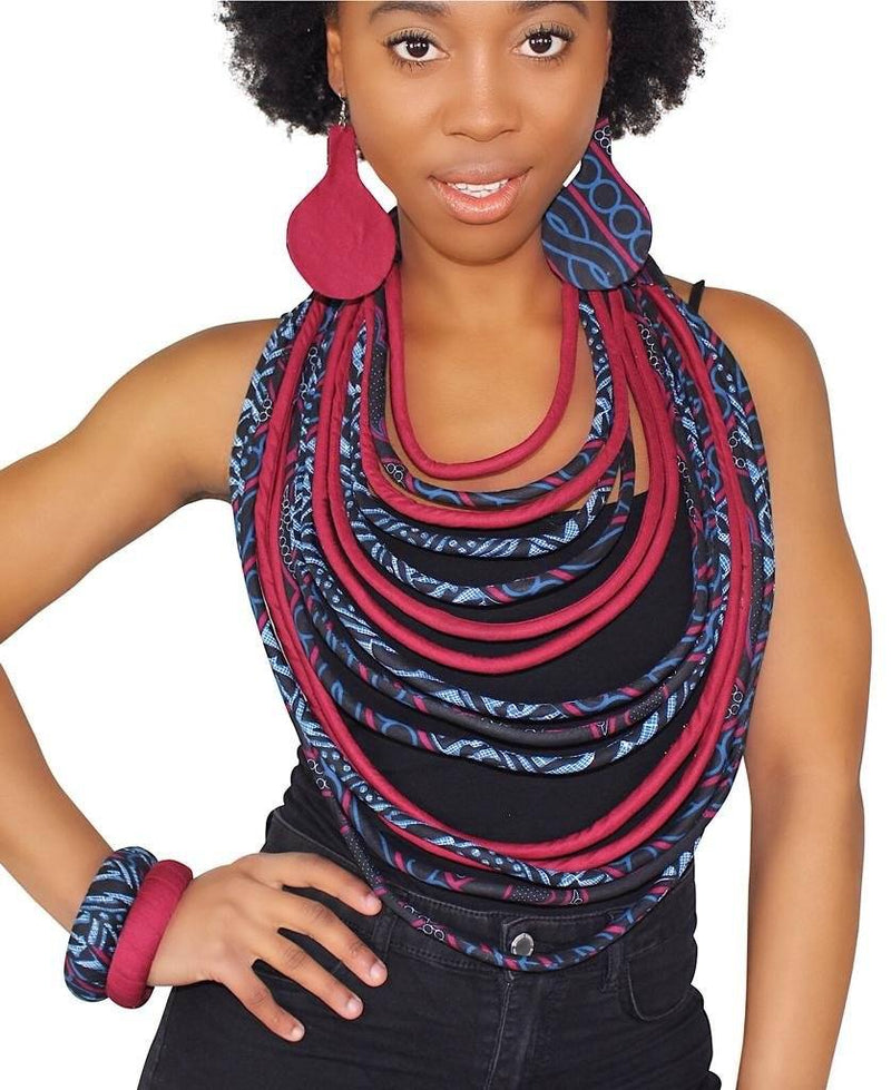 Bami African Print Multi strand statement 15 lines necklace set ( necklace - bracelet - earrings) - Afrilege