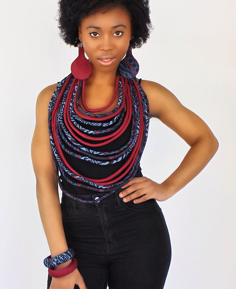 Bami African Print Multi strand statement 15 lines necklace set ( necklace - bracelet - earrings) - Afrilege