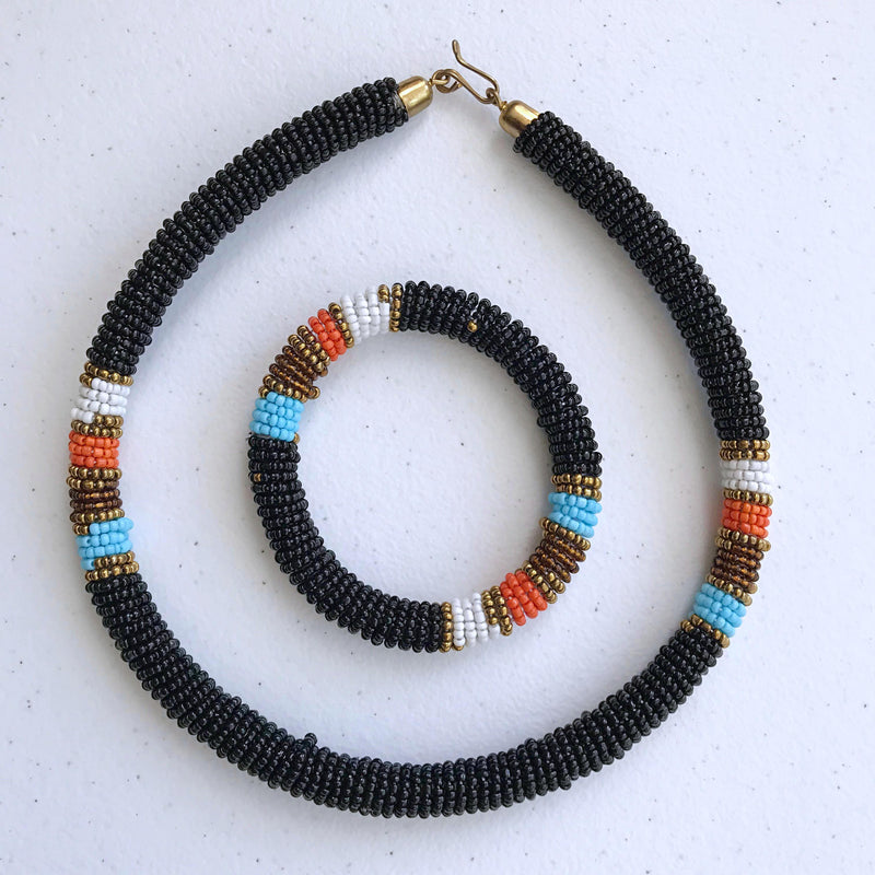 Maasai Beaded Rope Necklace / Headband & Bangle set - Afrilege