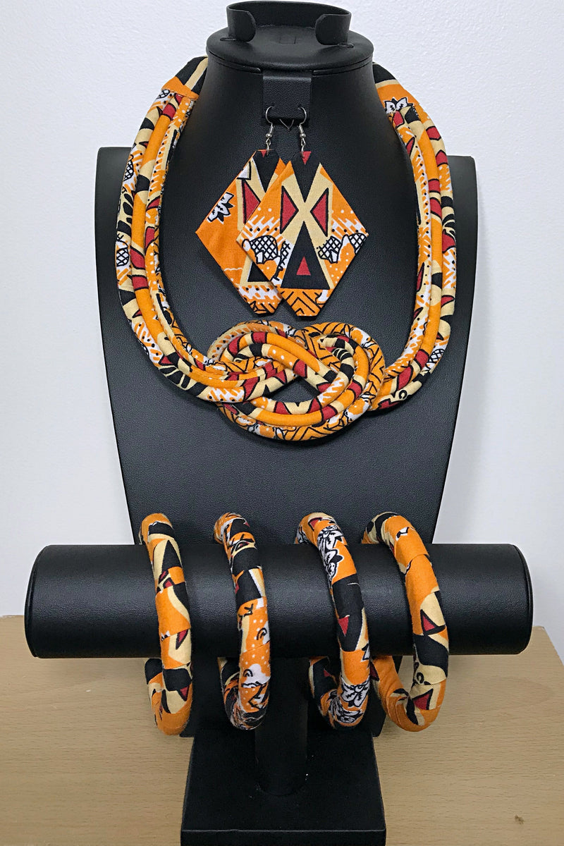 Masika Bamileke African Print Knot Jewelry Set ( Necklace - Bracelets - earrings) - Afrilege