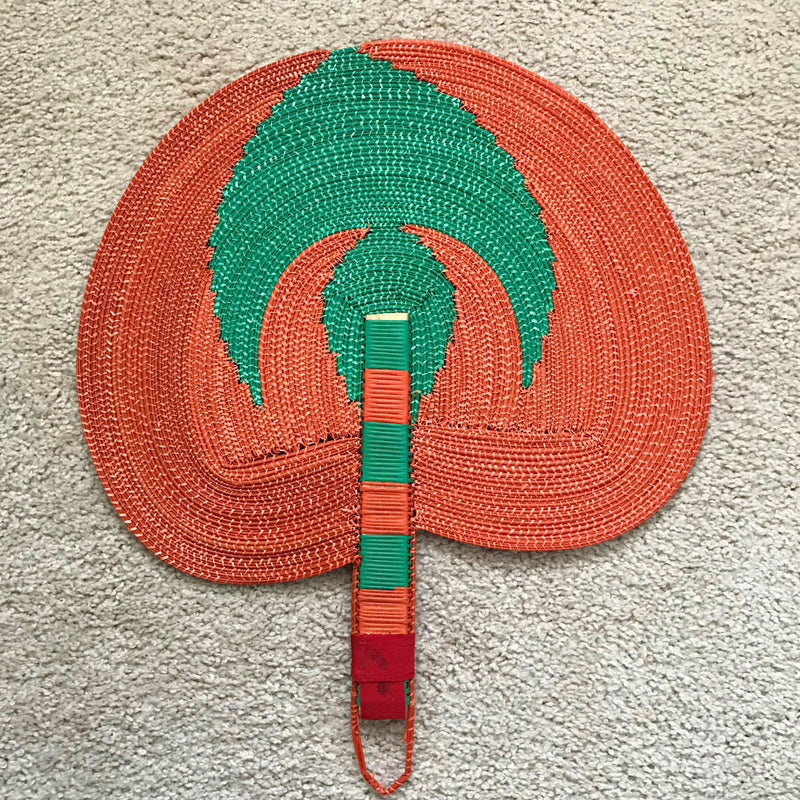 African woven hand fan from recycled plastics - Green / Orange - Afrilege
