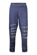 Desta Dark Blue Denim Jeans Men's Destroy Pants with African Print - Afrilege