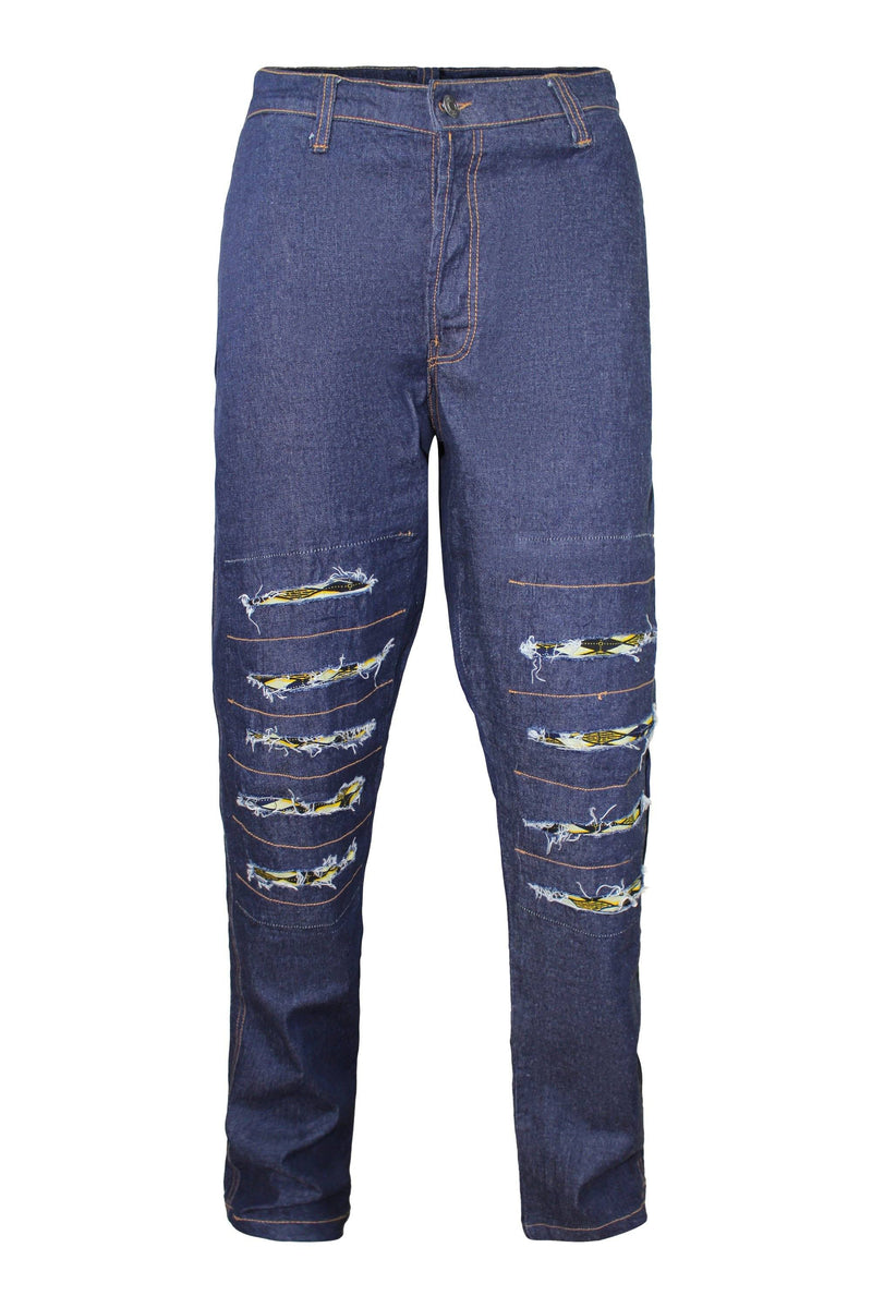 distressed jeans with ankara patches