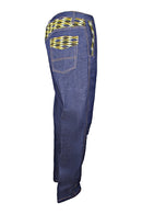 Desta Dark Blue Denim Jeans Men's Destroy Pants with African Print - Afrilege