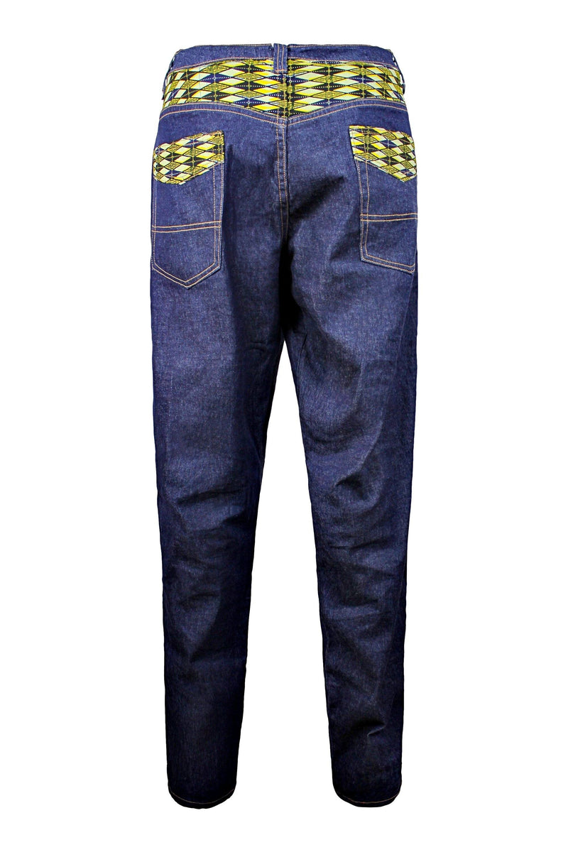 Desta Dark Blue Denim Jeans Men's Destroy Pants with African Print - Afrilege