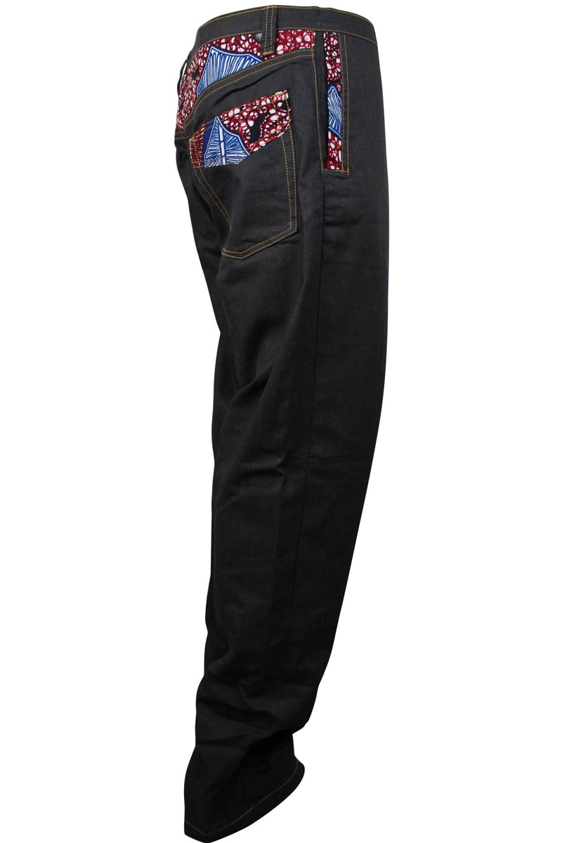 Adi Dark grey Denim Jeans Men's Pants with African Print - Afrilege