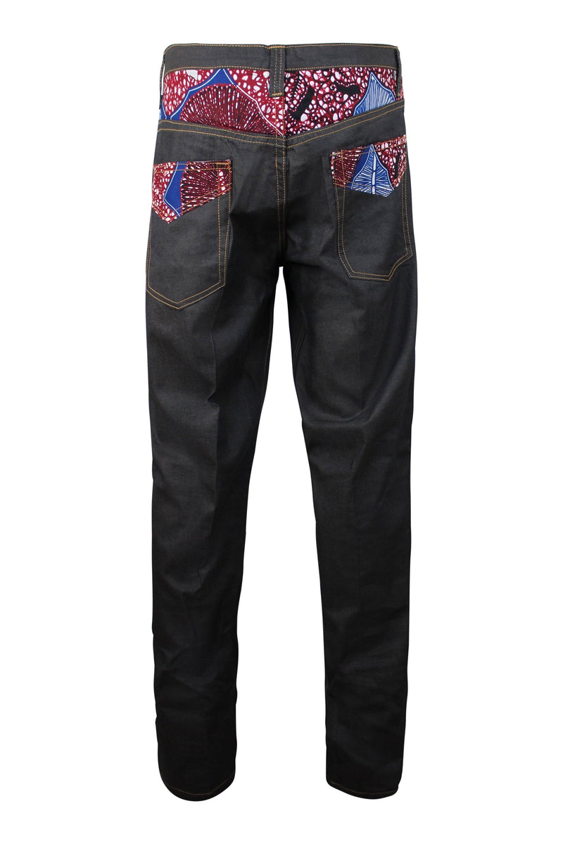 Adi Dark grey Denim Jeans Men's Pants with African Print - Afrilege