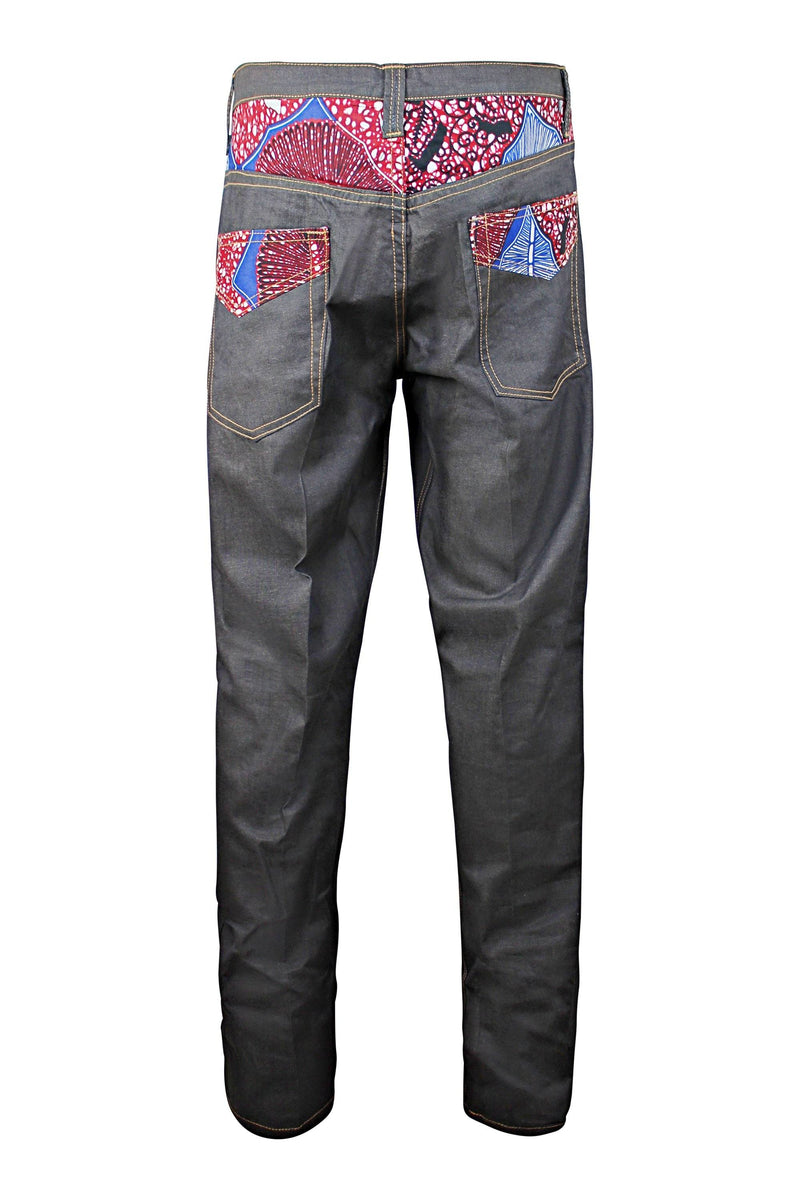 Adi African Print Denim Jeans Men's Destroy Pants (Dark Grey/ Red) - Afrilege