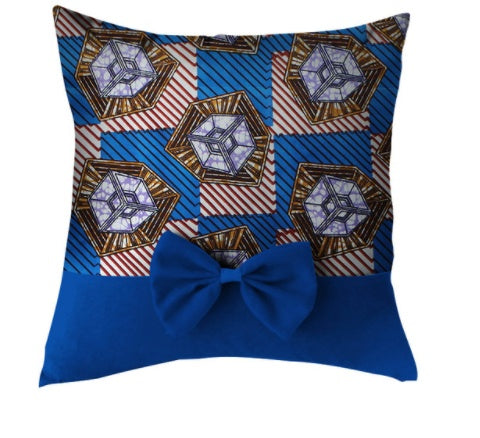 African Print Throw Pillow Case with Bow - Blue - Afrilege